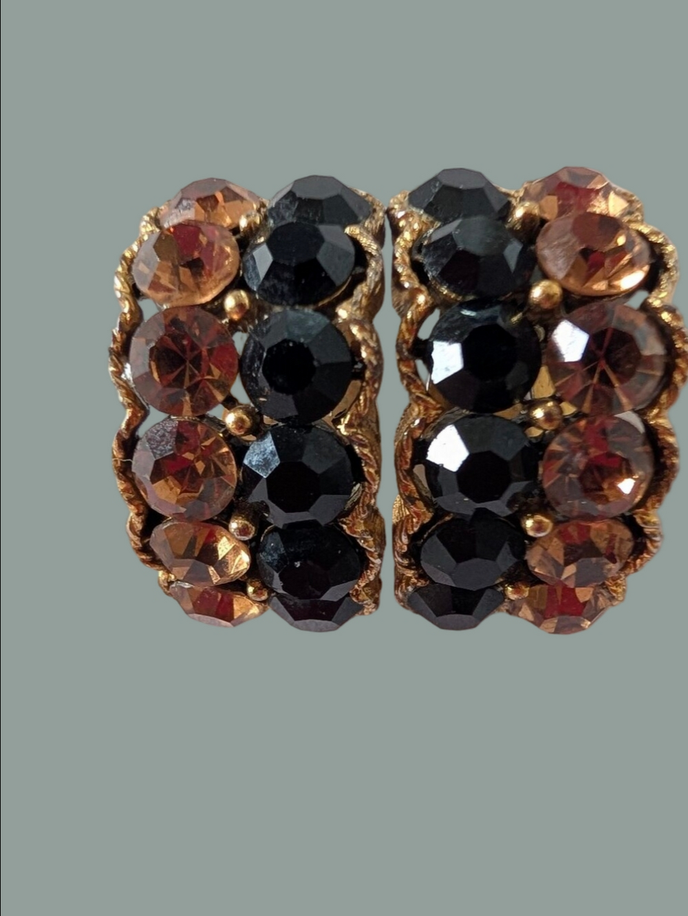 Vintage Lisner Signed Black & Amber Crystal Clip-On Earrings